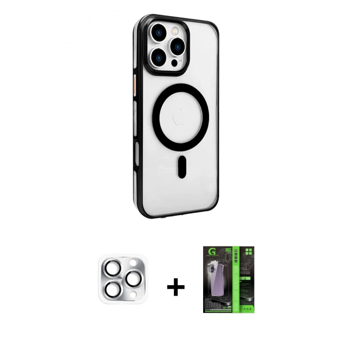 MARSİLYAN™- iPhone 16 Pro Max Kılıf Doruk Doku Özel Seri - Şeffaf 360 Full Body Arka Koruyucu + Gümüş Pers Alüminyum Kamera Lens