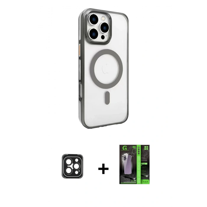 MARSİLYAN™- iPhone 16 Pro Max Kılıf Doruk Doku Özel Seri - Şeffaf 360 Full Body Arka Koruyucu + PVD Metal Kamera Lens - SH