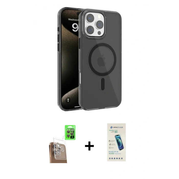 MARSİLYAN™- iPhone 16 Pro Max Kılıf Doruk Doku Özel Seri - Şeffaf Pasifik Cam Ekran Koruyucu + Çöl Titanyum Raze Metal Kamera Lens
