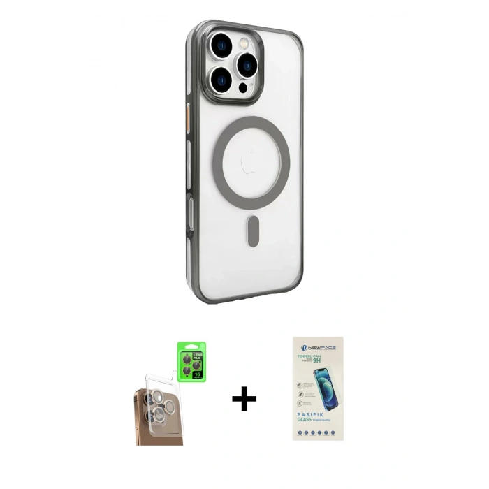 MARSİLYAN™- iPhone 16 Pro Max Kılıf Doruk Doku Özel Seri - Şeffaf Pasifik Cam Ekran Koruyucu + Çöl Titanyum Raze Metal Kamera Lens