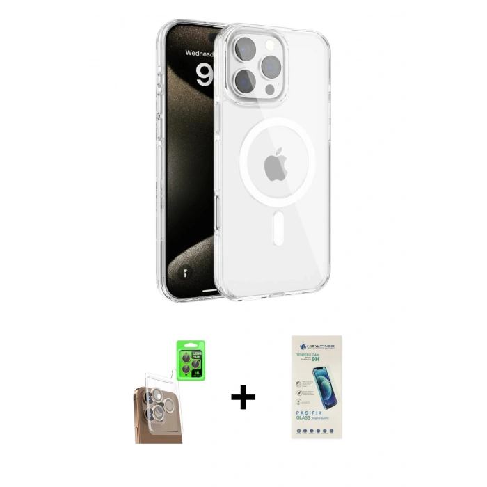 MARSİLYAN™- iPhone 16 Pro Max Kılıf Doruk Doku Özel Seri - Şeffaf Pasifik Cam Ekran Koruyucu + Çöl Titanyum Raze Metal Kamera Lens