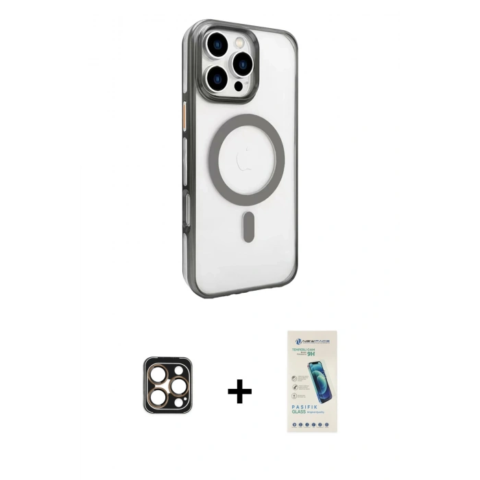 MARSİLYAN™- iPhone 16 Pro Max Kılıf Doruk Doku Özel Seri - Şeffaf Pasifik Cam Ekran Koruyucu + PVD Metal Kamera Lens - GD