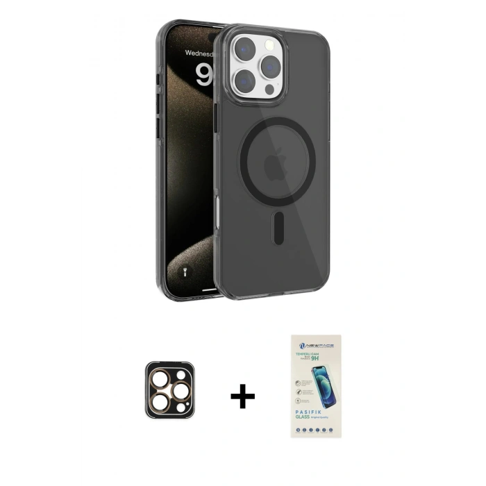 MARSİLYAN™- iPhone 16 Pro Max Kılıf Doruk Doku Özel Seri - Şeffaf Pasifik Cam Ekran Koruyucu + PVD Metal Kamera Lens - GD