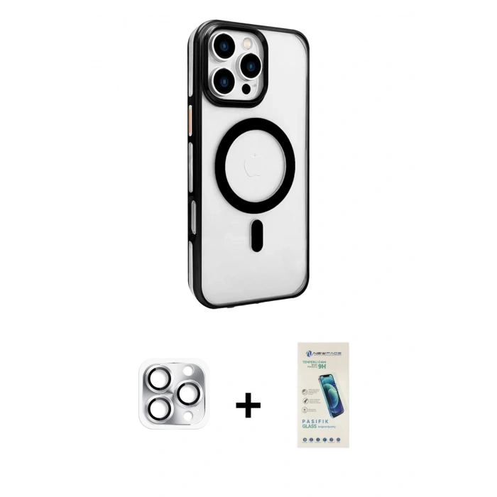 MARSİLYAN™- iPhone 16 Pro Max Kılıf Doruk Doku Özel Seri - Şeffaf Pasifik Cam Ekran Koruyucu + Gümüş Pers Alüminyum Kamera Lens