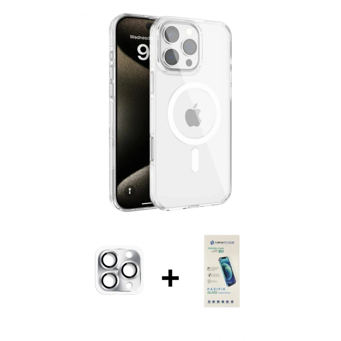 MARSİLYAN™- iPhone 16 Pro Max Kılıf Doruk Doku Özel Seri - Şeffaf Pasifik Cam Ekran Koruyucu + Gümüş Pers Alüminyum Kamera Lens
