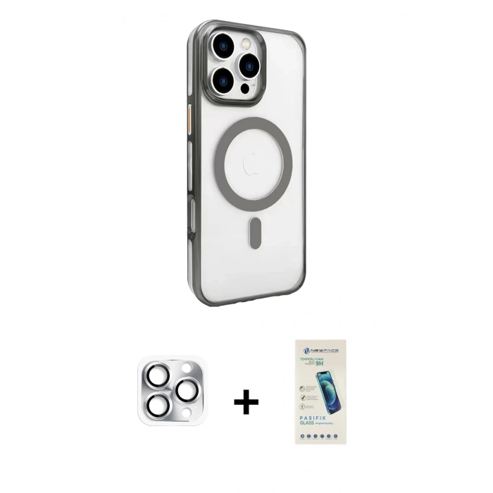MARSİLYAN™- iPhone 16 Pro Max Kılıf Doruk Doku Özel Seri - Şeffaf Pasifik Cam Ekran Koruyucu + Gümüş Pers Alüminyum Kamera Lens