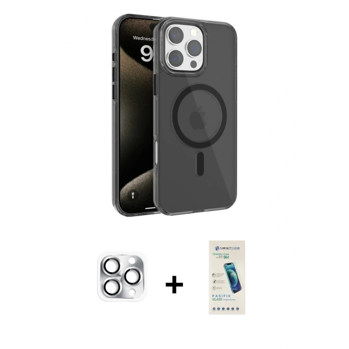 MARSİLYAN™- iPhone 16 Pro Max Kılıf Doruk Doku Özel Seri - Şeffaf Pasifik Cam Ekran Koruyucu + Gümüş Pers Alüminyum Kamera Lens