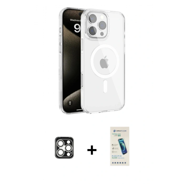 MARSİLYAN™- iPhone 16 Pro Max Kılıf Doruk Doku Özel Seri - Şeffaf Pasifik Cam Ekran Koruyucu + PVD Metal Kamera Lens - GS