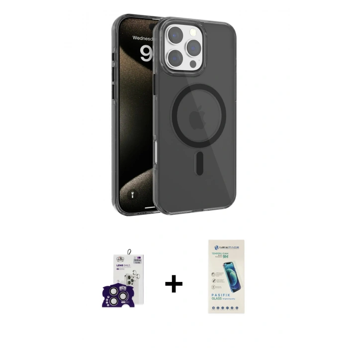 MARSİLYAN™- iPhone 16 Pro Max Kılıf Doruk Doku Özel Seri - Şeffaf Pasifik Cam Ekran Koruyucu + Titanyum Gri Bilvis Titan Kamera Lens