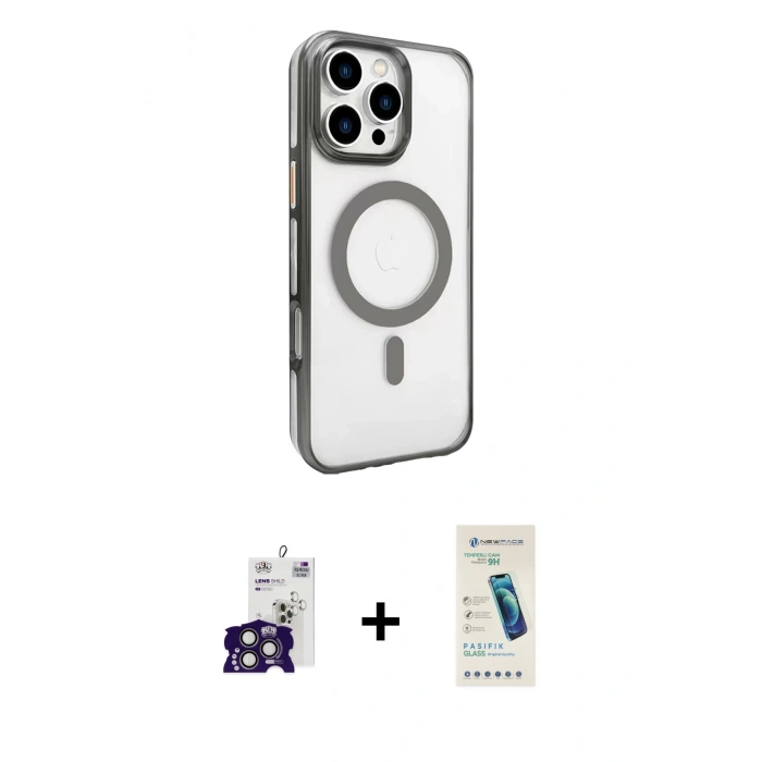 MARSİLYAN™- iPhone 16 Pro Max Kılıf Doruk Doku Özel Seri - Şeffaf Pasifik Cam Ekran Koruyucu + Titanyum Gri Bilvis Titan Kamera Lens