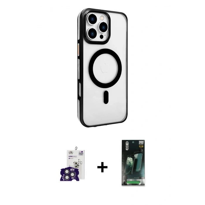MARSİLYAN™- iPhone 16 Pro Max Kılıf Doruk Doku Özel Seri - Siyah 360 Mat Full Body Arka Koruyucu + Bilvis Titan Kamera Lens - TMGI