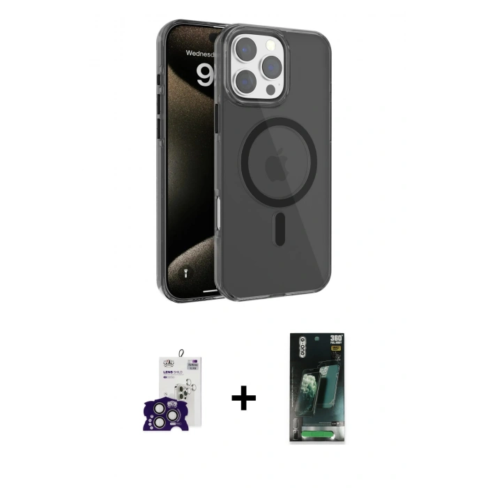 MARSİLYAN™- iPhone 16 Pro Max Kılıf Doruk Doku Özel Seri - Siyah 360 Mat Full Body Arka Koruyucu + Bilvis Titan Kamera Lens - TMGI