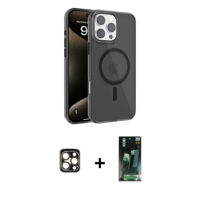 MARSİLYAN™- iPhone 16 Pro Max Kılıf Doruk Doku Özel Seri - Siyah 360 Mat Full Body Arka Koruyucu + PVD Metal Kamera Lens - GD