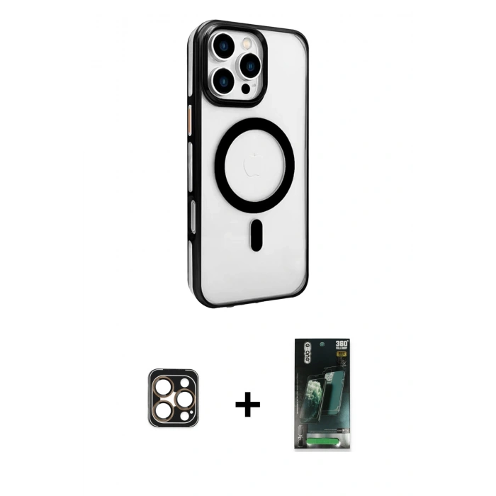MARSİLYAN™- iPhone 16 Pro Max Kılıf Doruk Doku Özel Seri - Siyah 360 Mat Full Body Arka Koruyucu + PVD Metal Kamera Lens - GD