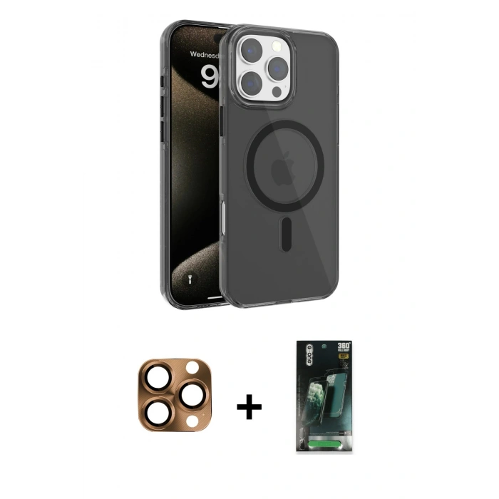 MARSİLYAN™- iPhone 16 Pro Max Kılıf Doruk Doku Özel Seri - Siyah 360 Mat Full Body Arka Koruyucu + Pers Alüminyum Kamera Lens - CLTM