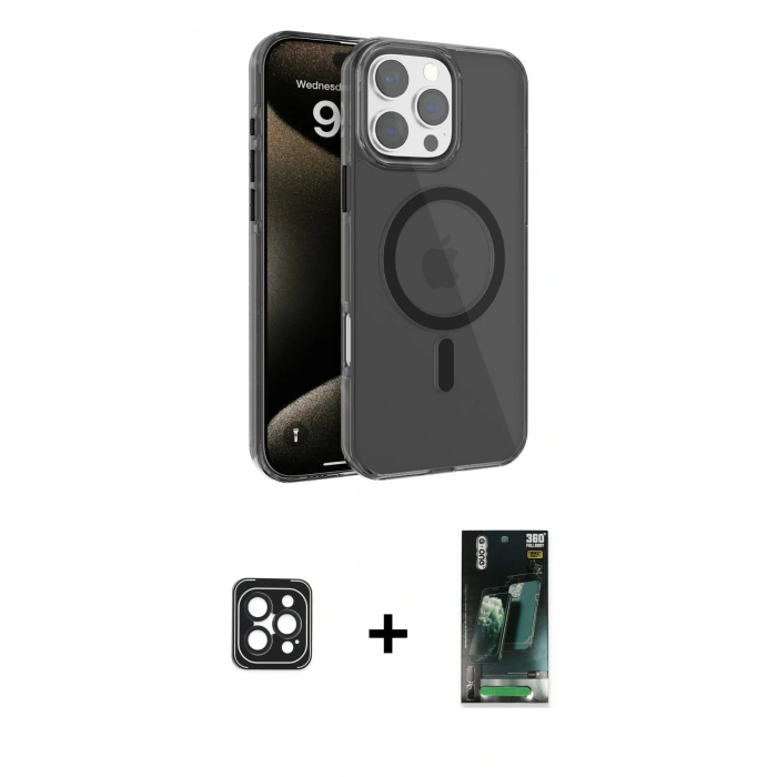 MARSİLYAN™- iPhone 16 Pro Max Kılıf Doruk Doku Özel Seri - Siyah 360 Mat Full Body Arka Koruyucu + PVD Metal Kamera Lens - SH
