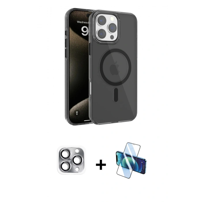 MARSİLYAN™- iPhone 16 Pro Max Kılıf Doruk Doku Özel Seri - Siyah 3D Antistatik Cam Ekran Koruyucu + Pers Alüminyum Kamera Lens - GI