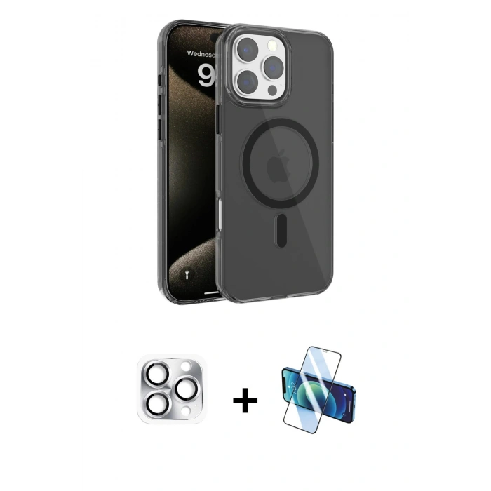 MARSİLYAN™- iPhone 16 Pro Max Kılıf Doruk Doku Özel Seri - Siyah 3D Antistatik Cam Ekran Koruyucu + Pers Alüminyum Kamera Lens - GS