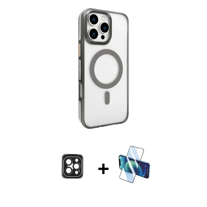 MARSİLYAN™- iPhone 16 Pro Max Kılıf Doruk Doku Özel Seri - Siyah 3D Antistatik Cam Ekran Koruyucu + PVD Metal Kamera Lens - SH