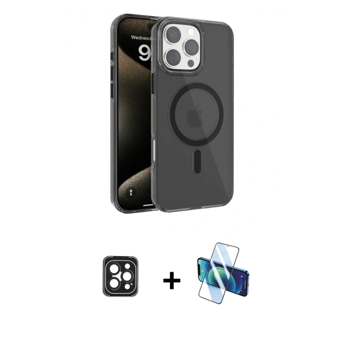 MARSİLYAN™- iPhone 16 Pro Max Kılıf Doruk Doku Özel Seri - Siyah 3D Antistatik Cam Ekran Koruyucu + PVD Metal Kamera Lens - SH