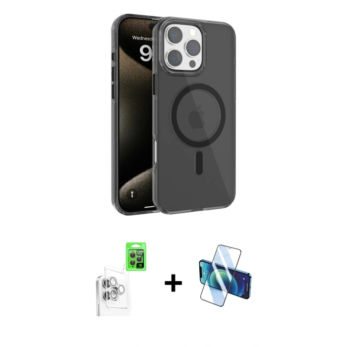 MARSİLYAN™- iPhone 16 Pro Max Kılıf Doruk Doku Özel Seri - Siyah 3D Antistatik Cam Ekran Koruyucu + Raze Metal Kamera Lens - BZ