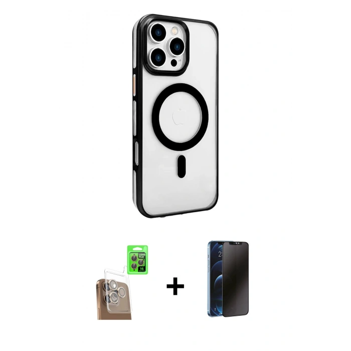 MARSİLYAN™- iPhone 16 Pro Max Kılıf Doruk Doku Özel Seri - Siyah 3D Antistatik Hayalet Cam Ekran Koruyucu + Raze Metal Kamera Lens - CLTM