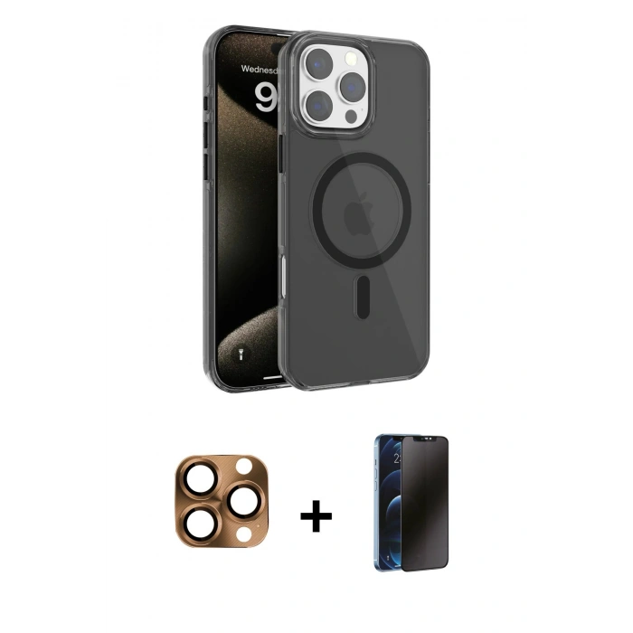 MARSİLYAN™- iPhone 16 Pro Max Kılıf Doruk Doku Özel Seri - Siyah 3D Antistatik Hayalet Cam Ekran Koruyucu + Pers Alüminyum Kamera Lens - CLTM