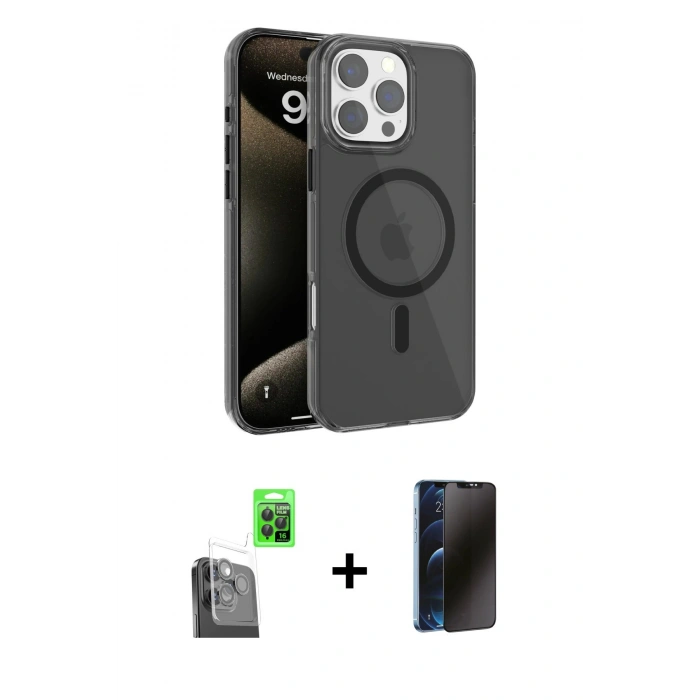 MARSİLYAN™- iPhone 16 Pro Max Kılıf Doruk Doku Özel Seri - Siyah 3D Antistatik Hayalet Cam Ekran Koruyucu + Raze Metal Kamera Lens - SH