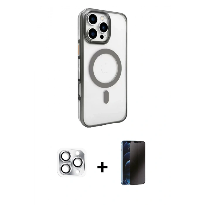 MARSİLYAN™- iPhone 16 Pro Max Kılıf Doruk Doku Özel Seri - Siyah 3D Antistatik Hayalet Cam Ekran Koruyucu + Pers Alüminyum Kamera Lens - GS