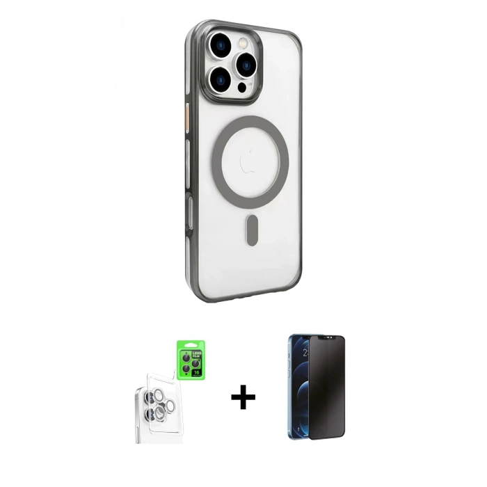 MARSİLYAN™- iPhone 16 Pro Max Kılıf Doruk Doku Özel Seri - Siyah 3D Antistatik Hayalet Cam Ekran Koruyucu + Raze Metal Kamera Lens - BZ