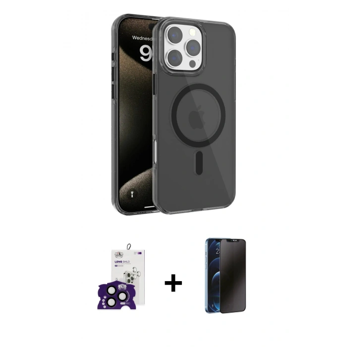 MARSİLYAN™- iPhone 16 Pro Max Kılıf Doruk Doku Özel Seri - Siyah 3D Antistatik Hayalet Cam Ekran Koruyucu + Bilvis Titan Kamera Lens - SH