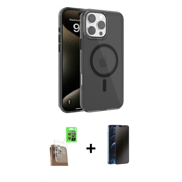 MARSİLYAN™- iPhone 16 Pro Max Kılıf Doruk Doku Özel Seri - Siyah 3D Antistatik Hayalet Cam Ekran Koruyucu + Raze Metal Kamera Lens - CLTM