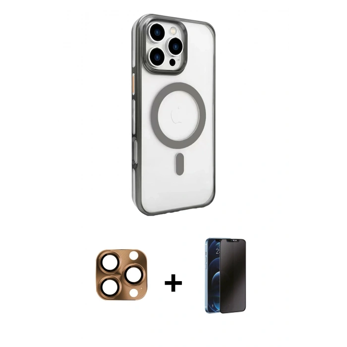 MARSİLYAN™- iPhone 16 Pro Max Kılıf Doruk Doku Özel Seri - Siyah 3D Antistatik Hayalet Cam Ekran Koruyucu + Pers Alüminyum Kamera Lens - CLTM