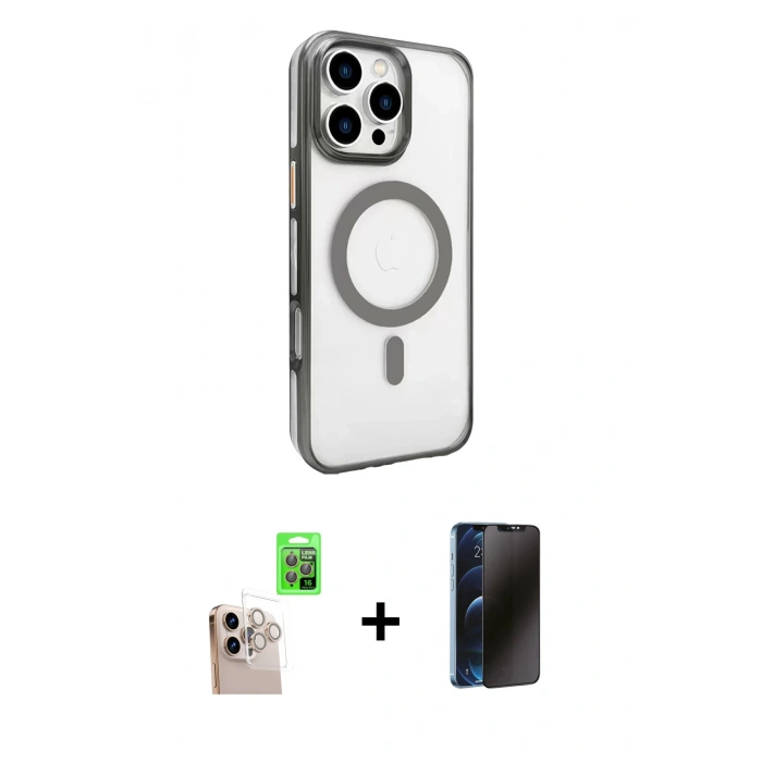 MARSİLYAN™- iPhone 16 Pro Max Kılıf Doruk Doku Özel Seri - Siyah 3D Antistatik Hayalet Cam Ekran Koruyucu + Raze Metal Kamera Lens - NLGY
