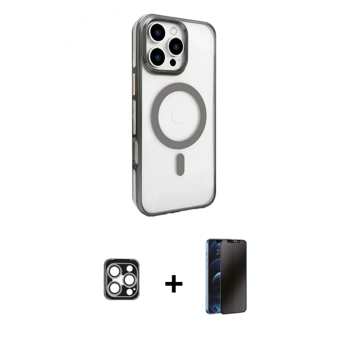 MARSİLYAN™- iPhone 16 Pro Max Kılıf Doruk Doku Özel Seri - Siyah 3D Antistatik Hayalet Cam Ekran Koruyucu + PVD Metal Kamera Lens - GS