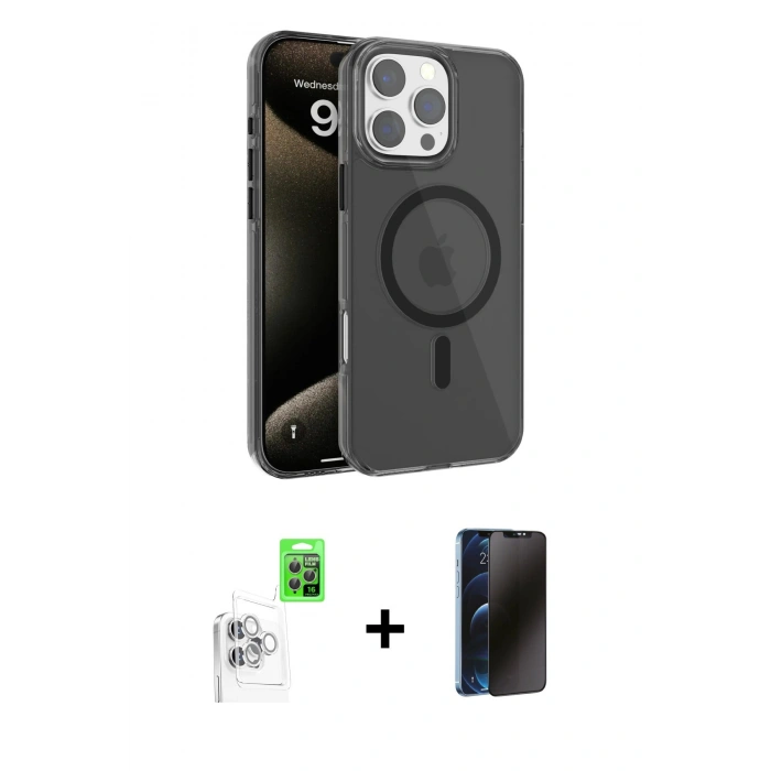 MARSİLYAN™- iPhone 16 Pro Max Kılıf Doruk Doku Özel Seri - Siyah 3D Antistatik Hayalet Cam Ekran Koruyucu + Raze Metal Kamera Lens - BZ