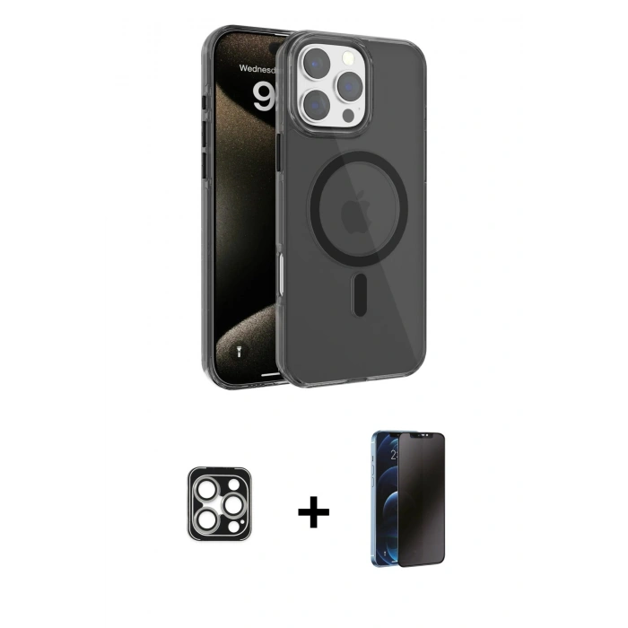 MARSİLYAN™- iPhone 16 Pro Max Kılıf Doruk Doku Özel Seri - Siyah 3D Antistatik Hayalet Cam Ekran Koruyucu + PVD Metal Kamera Lens - GS