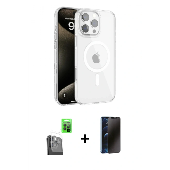 MARSİLYAN™- iPhone 16 Pro Max Kılıf Doruk Doku Özel Seri - Siyah 3D Antistatik Hayalet Cam Ekran Koruyucu + Raze Metal Kamera Lens - SH