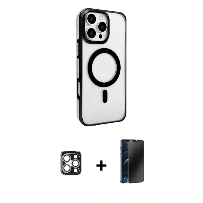 MARSİLYAN™- iPhone 16 Pro Max Kılıf Doruk Doku Özel Seri - Siyah 3D Antistatik Hayalet Cam Ekran Koruyucu + PVD Metal Kamera Lens - GS