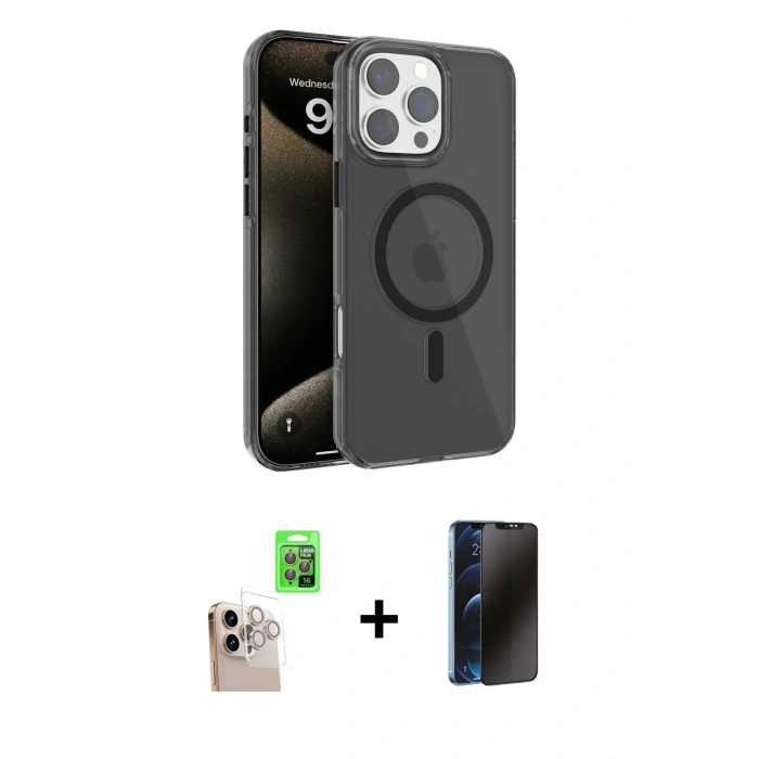 MARSİLYAN™- iPhone 16 Pro Max Kılıf Doruk Doku Özel Seri - Siyah 3D Antistatik Hayalet Cam Ekran Koruyucu + Raze Metal Kamera Lens - NLGY