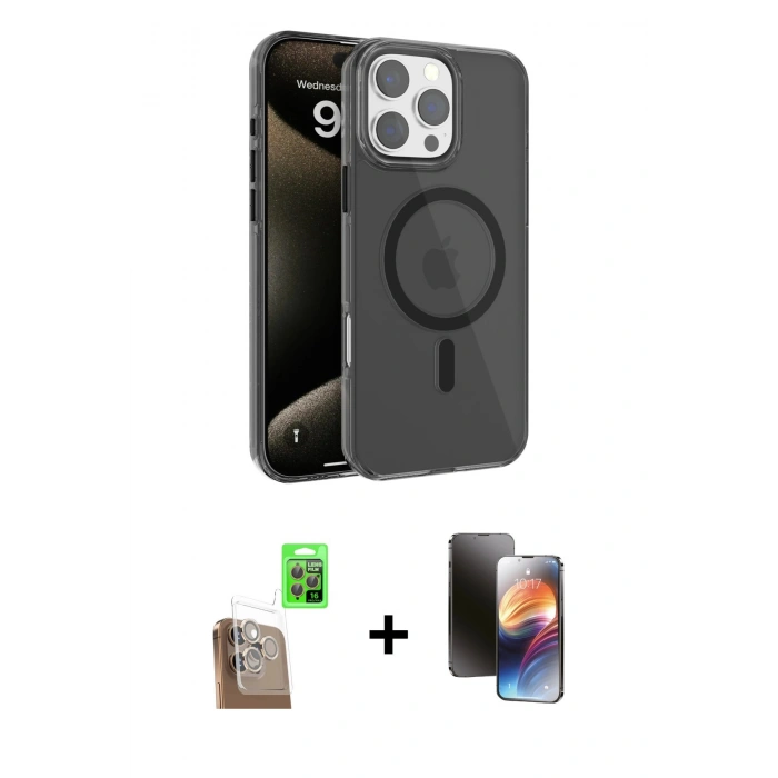 MARSİLYAN™- iPhone 16 Pro Max Kılıf Doruk Doku Özel Seri - Siyah 3D Antistatik Mat Seramik Nano Ekran Koruyucu + Çöl Titanyum Raze Metal Kamera Lens