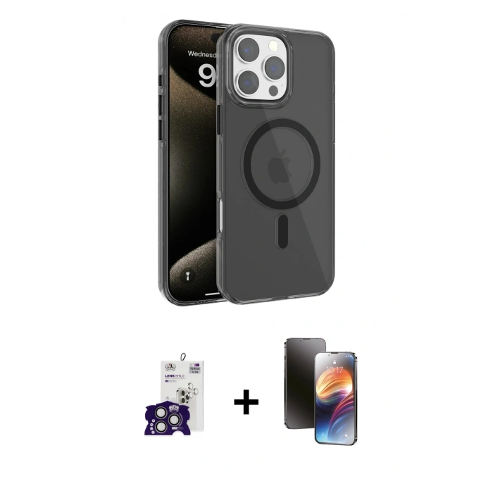 MARSİLYAN™- iPhone 16 Pro Max Kılıf Doruk Doku Özel Seri - Siyah 3D Antistatik Mat Seramik Nano Ekran Koruyucu + Titanyum Gri Bilvis Titan Kamera Lens