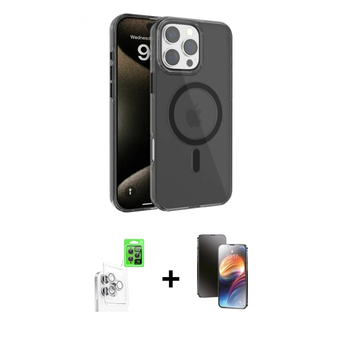 MARSİLYAN™- iPhone 16 Pro Max Kılıf Doruk Doku Özel Seri - Siyah 3D Antistatik Mat Seramik Nano Ekran Koruyucu + Beyaz Raze Metal Kamera Lens