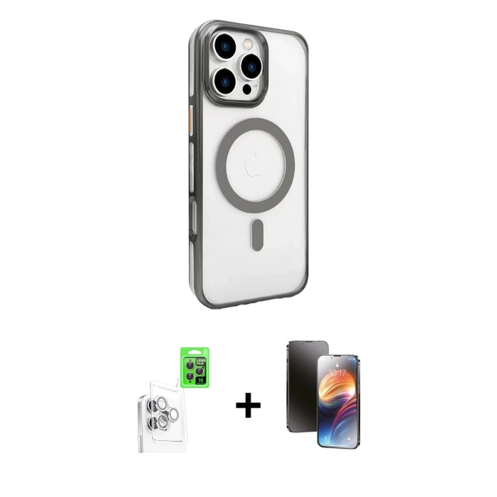 MARSİLYAN™- iPhone 16 Pro Max Kılıf Doruk Doku Özel Seri - Siyah 3D Antistatik Mat Seramik Nano Ekran Koruyucu + Beyaz Raze Metal Kamera Lens