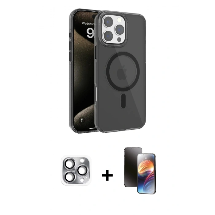 MARSİLYAN™- iPhone 16 Pro Max Kılıf Doruk Doku Özel Seri - Siyah 3D Antistatik Mat Seramik Nano Ekran Koruyucu + Pers Alüminyum Kamera Lens - GI