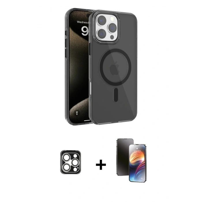 MARSİLYAN™- iPhone 16 Pro Max Kılıf Doruk Doku Özel Seri - Siyah 3D Antistatik Mat Seramik Nano Ekran Koruyucu + PVD Metal Kamera Lens - GS