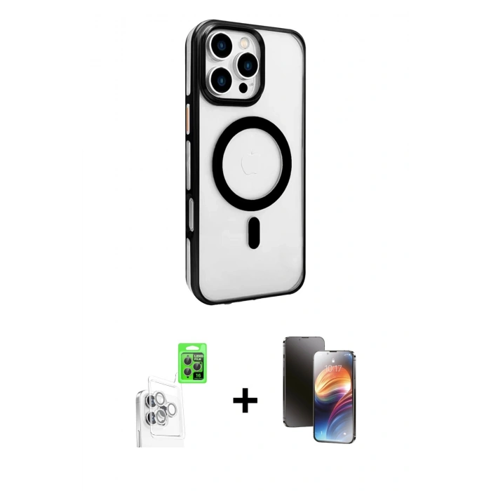 MARSİLYAN™- iPhone 16 Pro Max Kılıf Doruk Doku Özel Seri - Siyah 3D Antistatik Mat Seramik Nano Ekran Koruyucu + Beyaz Raze Metal Kamera Lens
