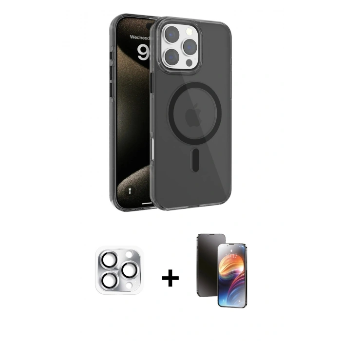 MARSİLYAN™- iPhone 16 Pro Max Kılıf Doruk Doku Özel Seri - Siyah 3D Antistatik Mat Seramik Nano Ekran Koruyucu + Pers Alüminyum Kamera Lens - GS