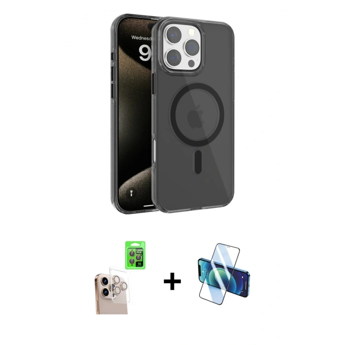 MARSİLYAN™- iPhone 16 Pro Max Kılıf Doruk Doku Özel Seri - Siyah 3D Antistatik Seramik Nano Ekran Koruyucu + Raze Metal Kamera Lens - NLGY