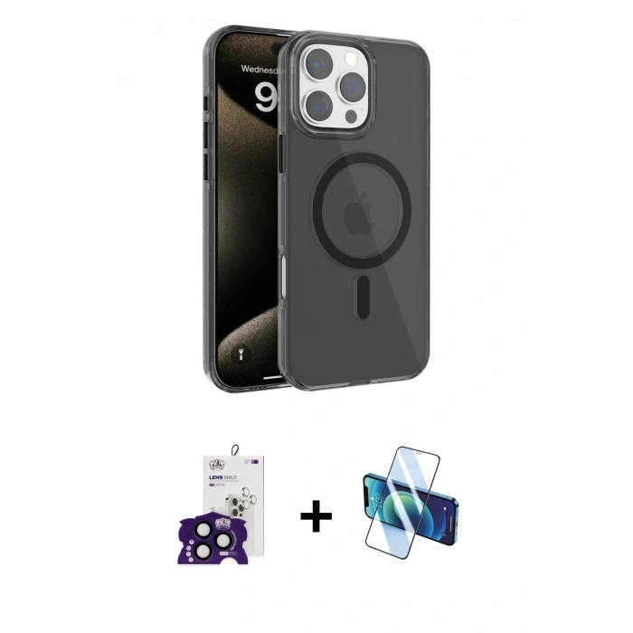 MARSİLYAN™- iPhone 16 Pro Max Kılıf Doruk Doku Özel Seri - Siyah 3D Antistatik Seramik Nano Ekran Koruyucu + Bilvis Titan Kamera Lens - SH